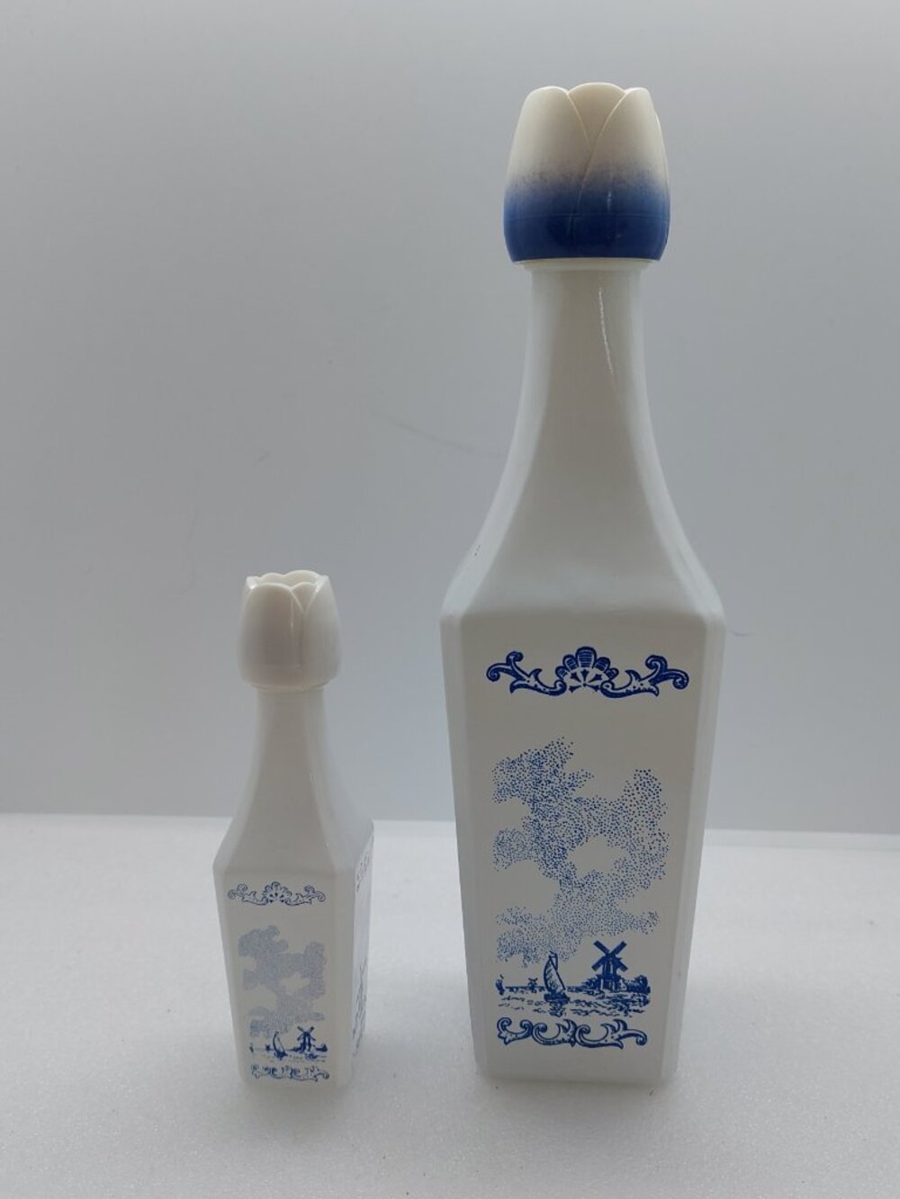 2 Vintage Vandermint Decanter Empty Bottle White Milk Glass Blue Windmill - Picture 1 of 11